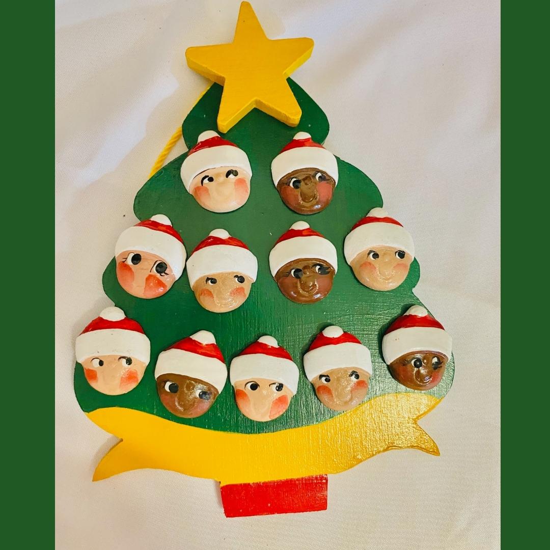 Personalized Ornament 11 Santa Faces on a Christmas Tree  6" x 4.5"
