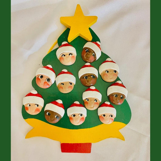 Personalized Ornament  12 Santa Faces on a Christmas Tree  6" X 4.5"