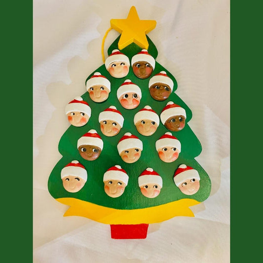 Personalized Ornament  16 Santa Faces on a Christmas Tree  7.5" x 6"