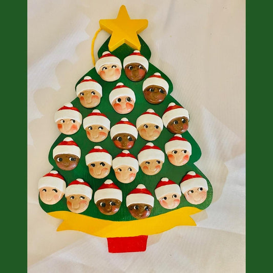 Personalized Ornament 21 Santa Faces on a Christmas Tree    7.5"x 6"