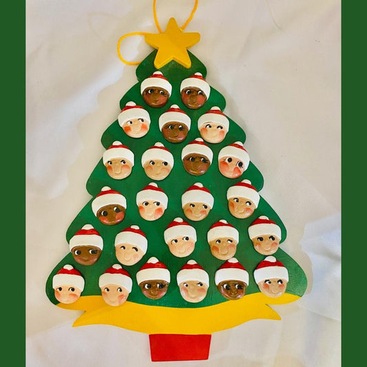 Personalized Ornament  24 Santa Faces on a Christmas Tree 8.5" x 7"