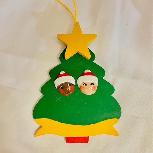Personalized Ornament   2 Santa Faces on a Christmas Tree 4.5" 3.5"