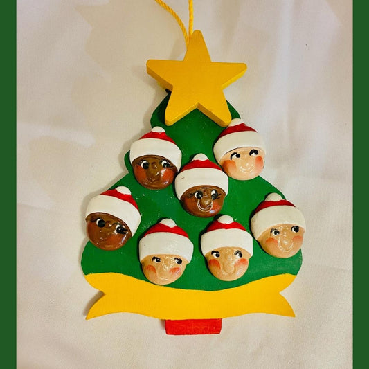 Personalized ornament 7 Santa Faces on a Christmas Tree  4.5" x 3.5"