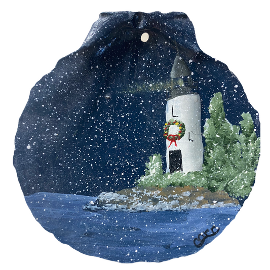 Lighthouse on a Winter Night Hand Painted on a Scallop Shell