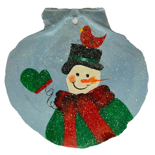 Snowman with a Cardinal on his Hat Hand Painted on a Scallop Shell