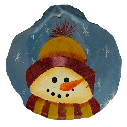 Snowman with Hat and Scarf Hand Painted on a Scallop Shell