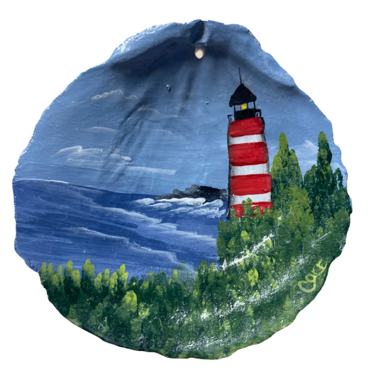 Red & White Striped Lighthouse Hand Painted on a Scallop Shell