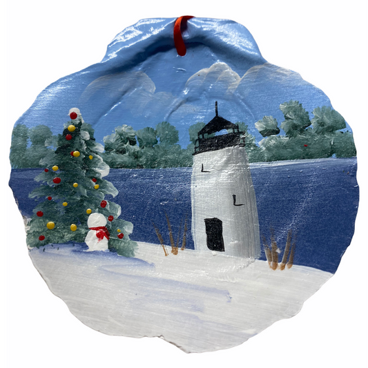 Lighthouse with a Christmas Tree Hand Painted on a Scallop Shell