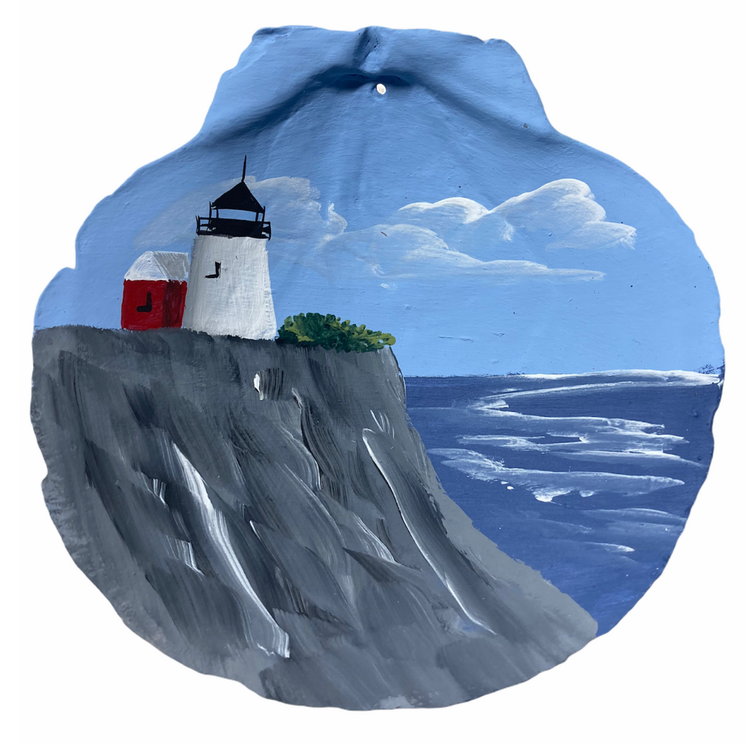 Lighthouse on a Rocky Cliff, Pemaquid, Hand painted on a Scallop Shell