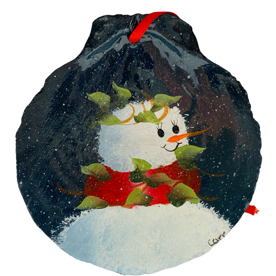 Snowman with Ivy Wreath Hand Painted on a Scallop Shell