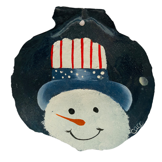 Snowman with Red, White and Blue Hat Hand Painted on a Scallop Shell