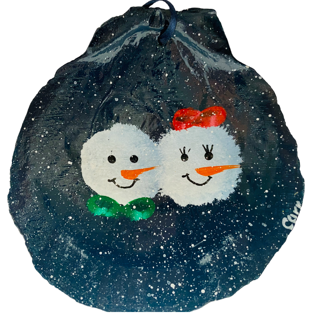 Snowman Couple Hand Painted on a Scallop Shell