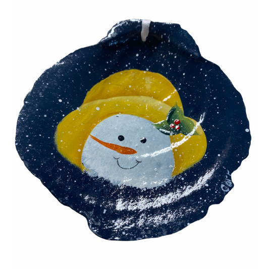 Snowman with a Sou'wester Hat Hand Painted on a Scallop Shell