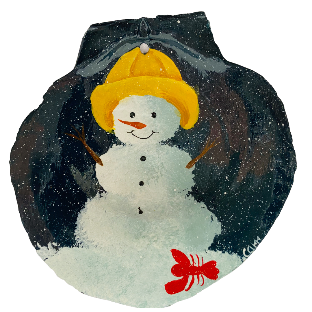 Lobstering Snowman hand painted on a Scallop Shell