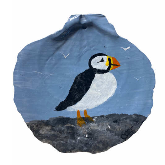 Puffin Hand Painted on a Scallop Shell