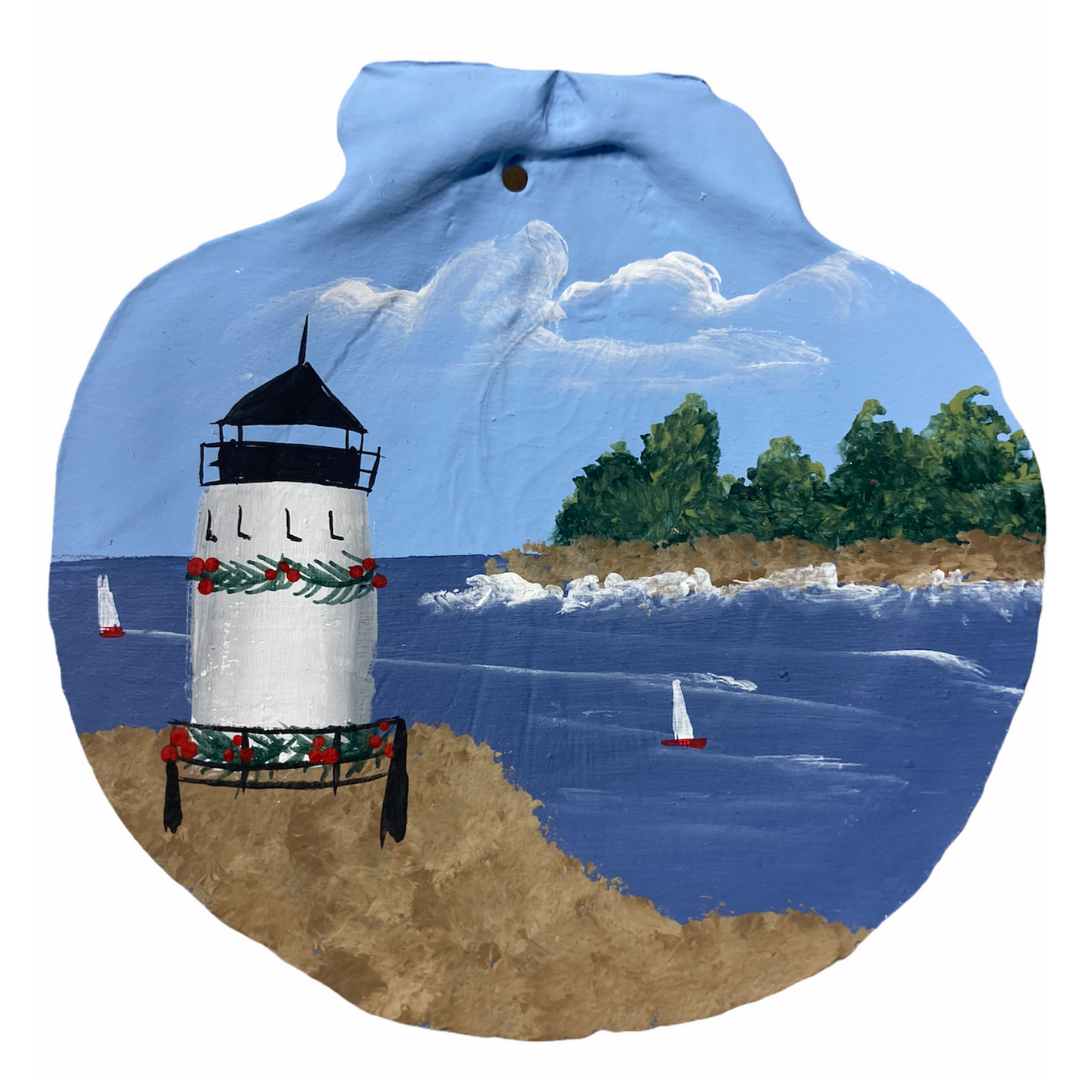 Lighthouse with Christmas Garland Hand Painted on a Scallop Shell