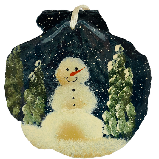 Woodland Snowman in the Night Woods  Hand Painted on a Scallop Shell