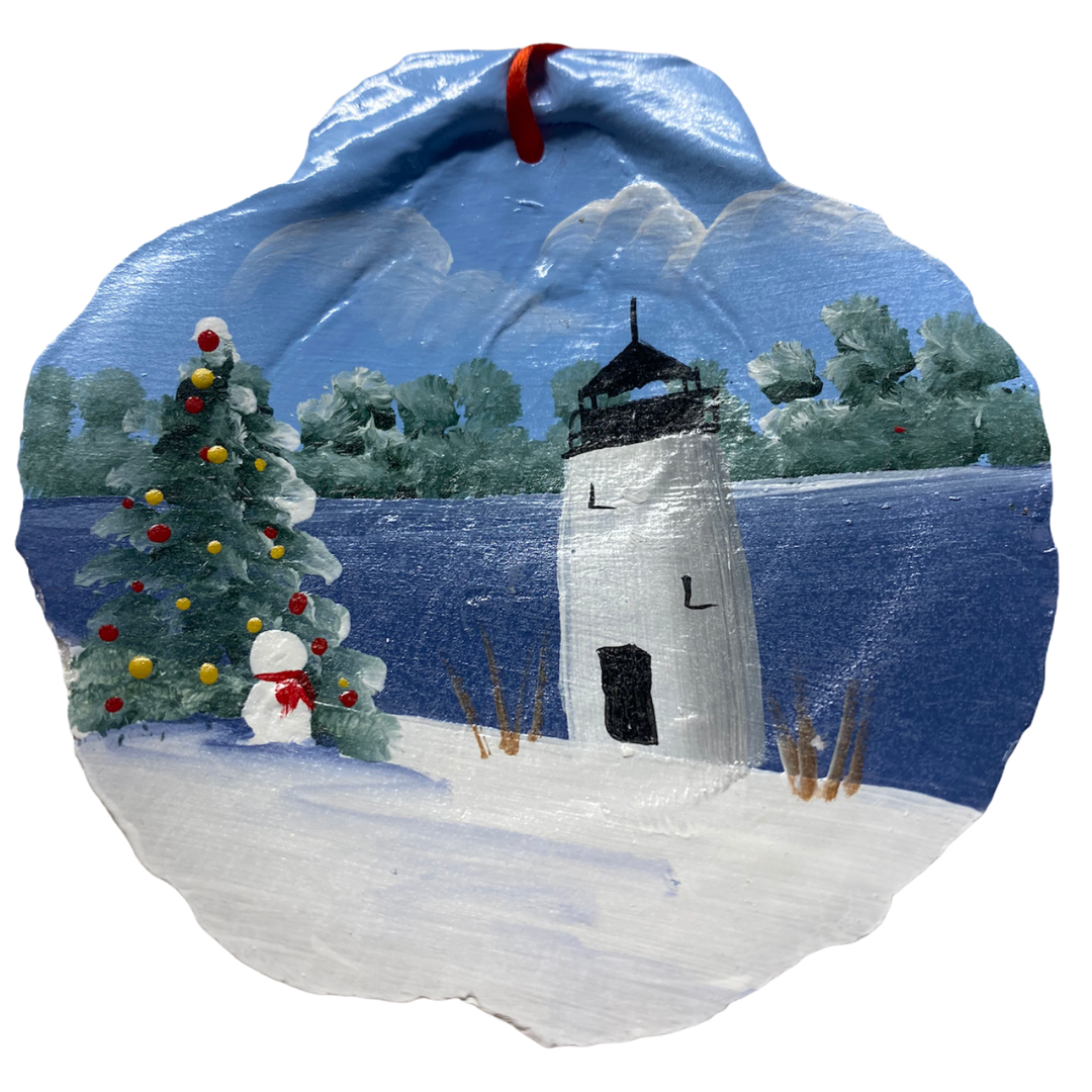 Winter Lighthouse Hand Painted on a Scallop Shell