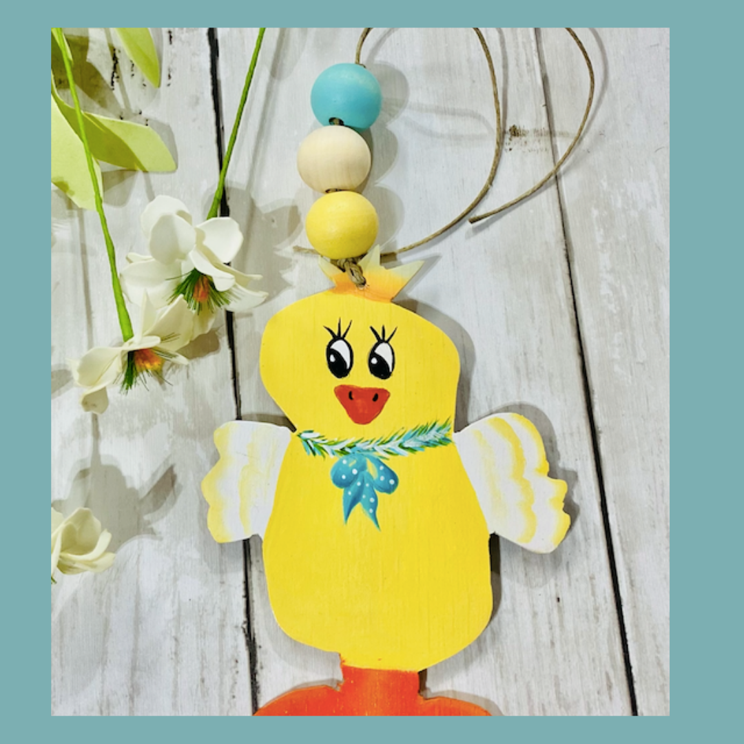 Personalized Easter Chick Tag hand painted with wooden beads. 4.5" x 3.5" plus beads