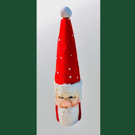 Hand Carved Santa Clause with a tall  red hat a Christmas Tree Ornament 4"