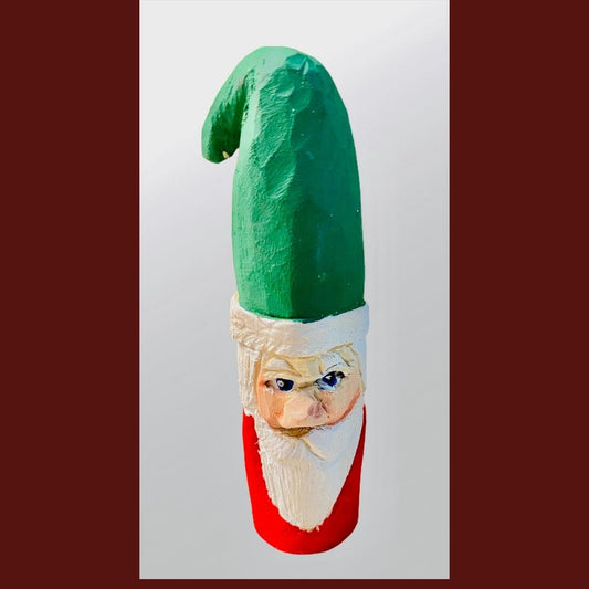 Hand Carved Santa Claus with a  green stocking cap Christmas Tree Ornament 4"