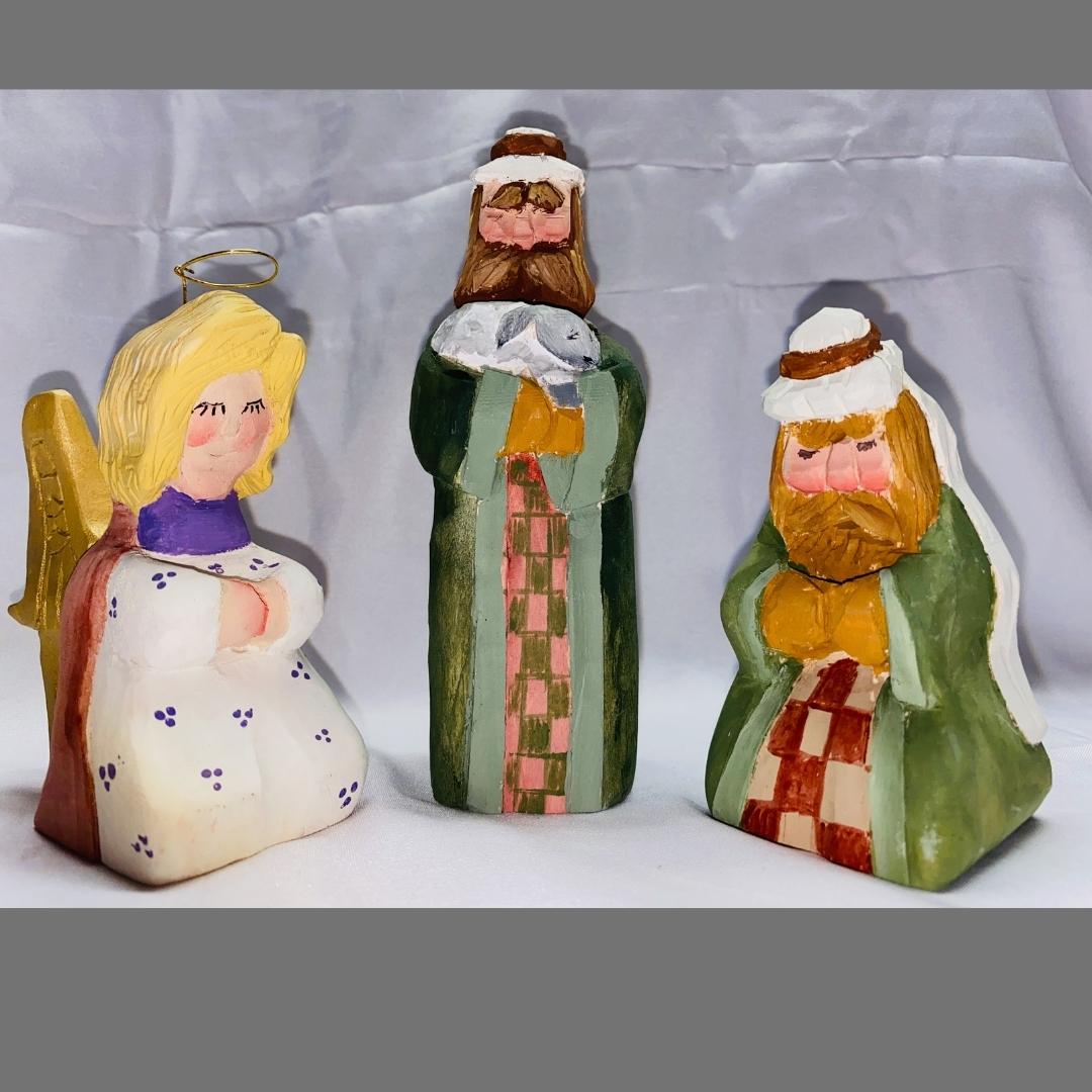 Hand Carved, Hand Painted Angel and 2 Shepards  Nativity pieces