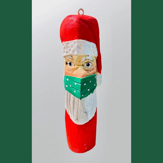 Hand Carved Santa with Face Mask and Stocking Hat Christmas Tree Ornament 4"