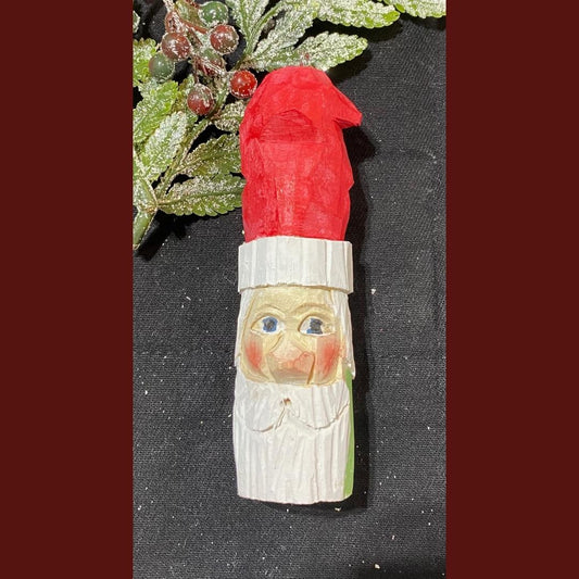 Hand Carved Santa Claus with red Tall Hat,  Christmas Tree Ornament 4"