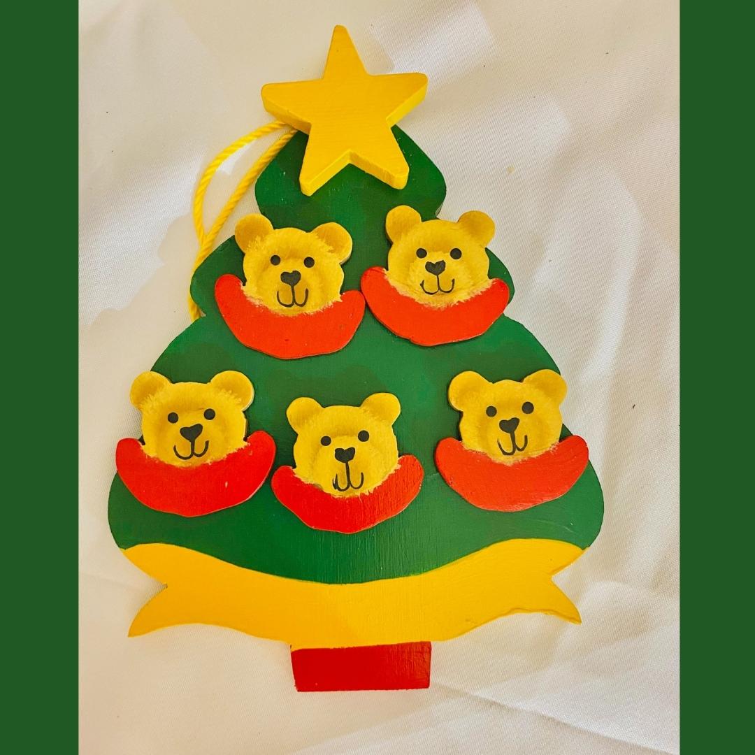 Personalized Ornament  5 Bear Faces on a Christmas Tree  6" x 4.5"