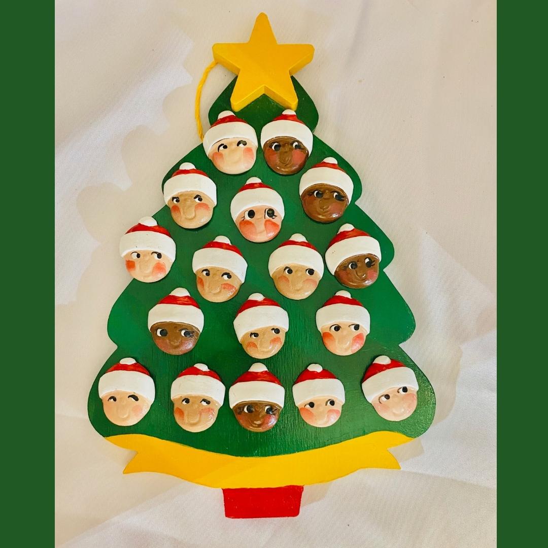 Personalized Ornament  17 Santa Faces on a Christmas Tree  7.5" x 6"