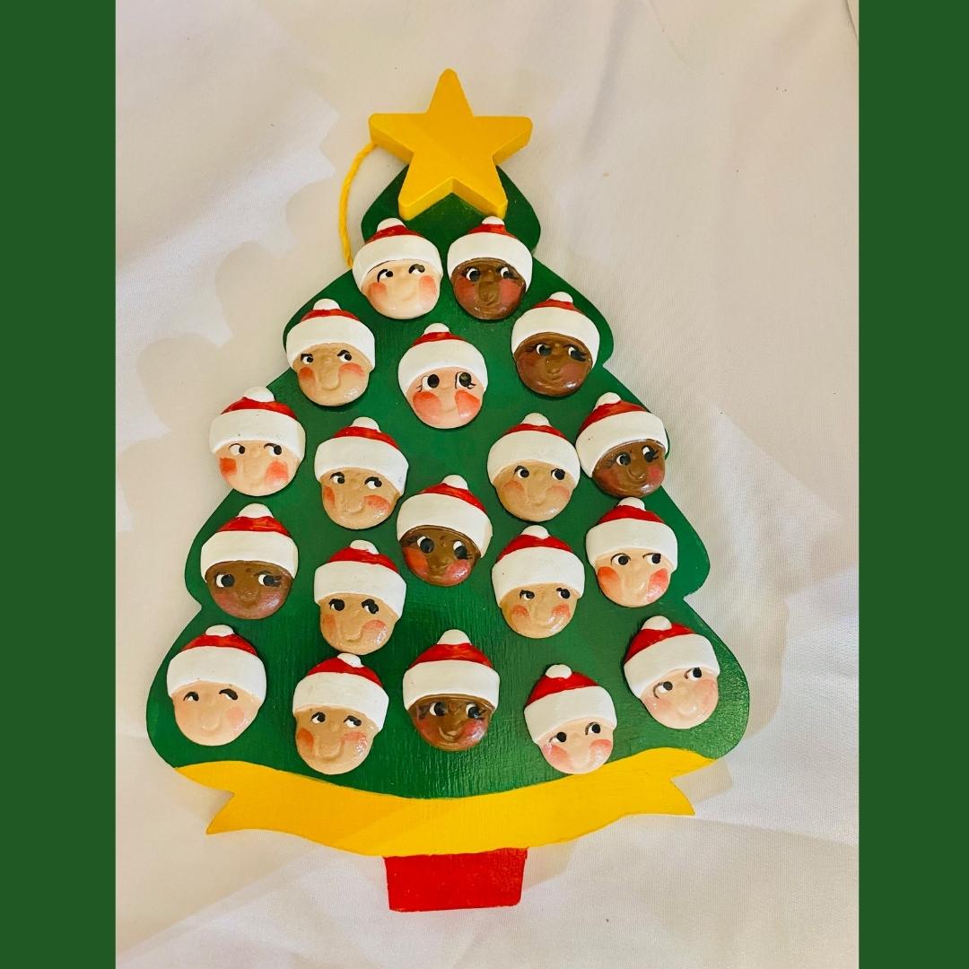 Personalized Ornament 19 Santa Faces on a Christmas Tree 7.5" x 6""