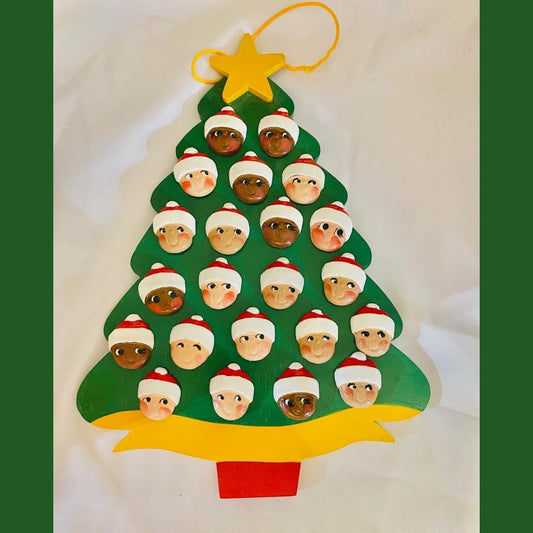 Personalized Ornament  22 Santa Faces on a Christmas Tree 8.5" x 7"