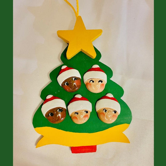 Personalized Ornament 5 Santa Faces on a Christmas Tree  4.5" 3.5"