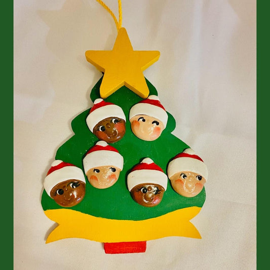 Personalized Ornament  6 Santa Faces on a Christmas Tree 4.5" x 3.5"
