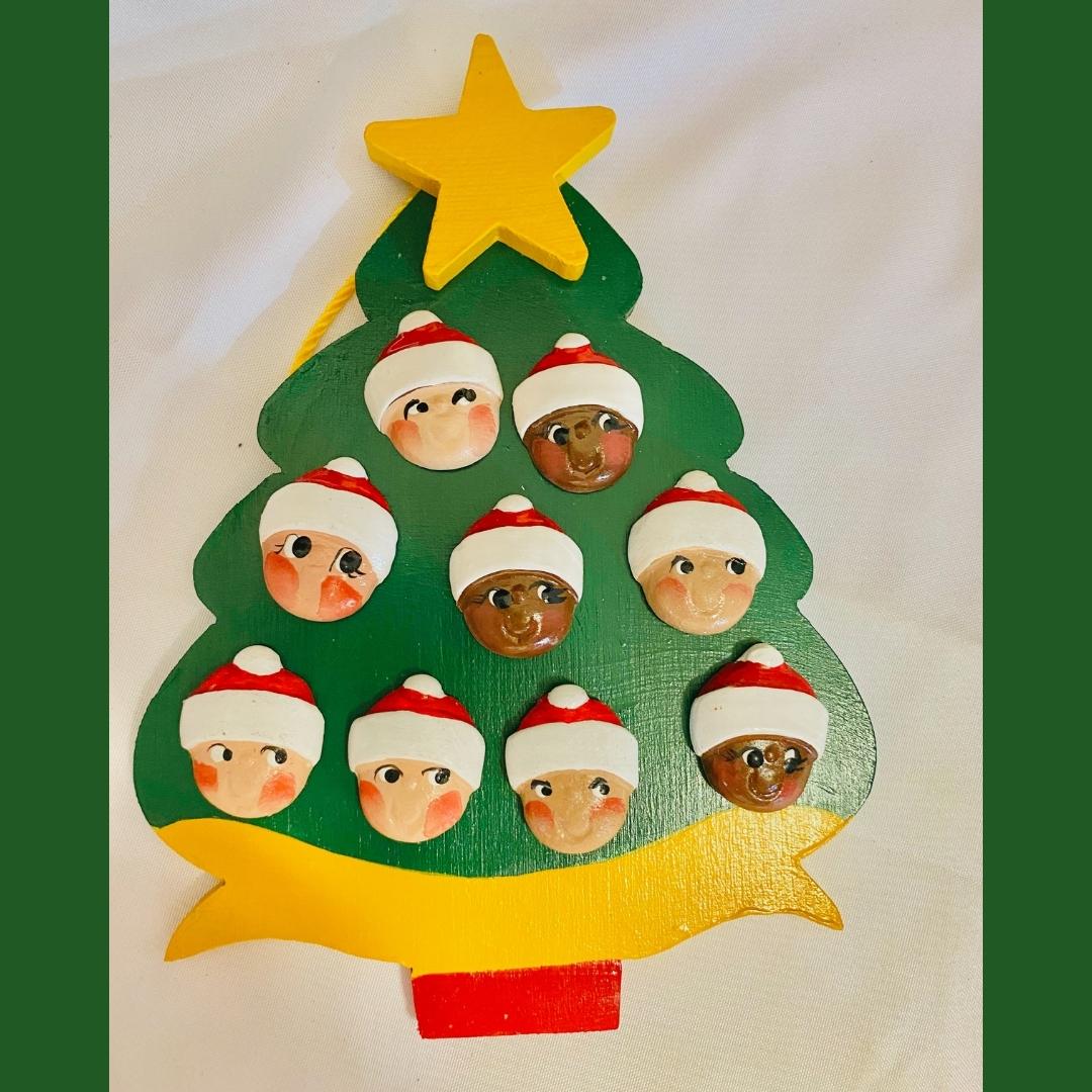 Personalized Ornament  9 Santa Faces on a Christmas Tree  6"x 4.5""